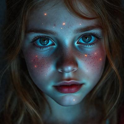 The primary subject of the image is a young girl with red freckles on her face. She is looking at the camera with a blue background. The visual style of the image is a digital art or illustration, creating a unique and artistic atmosphere. The colors and mood of the image are predominantly blue, with the girl's red freckles adding a touch of warmth and natural beauty to the scene.